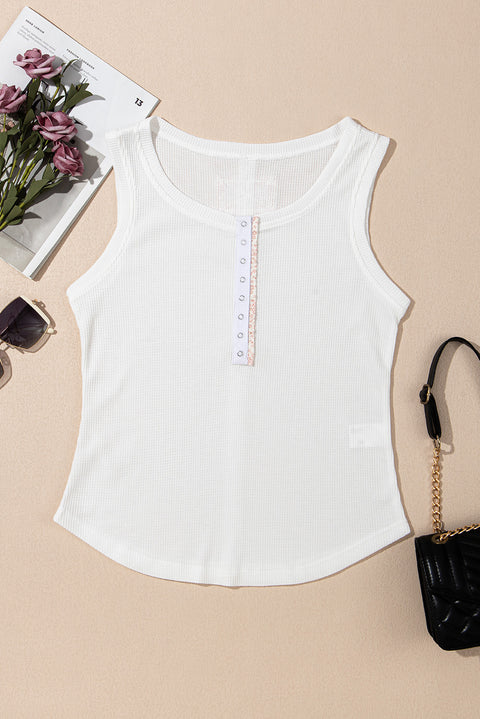 White Solid Color Waffle Knit Half Buttons Tank Top