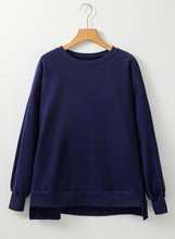 Navy Blue Solid Fleece Lined Drop Shoulder High Low Sweatshirt