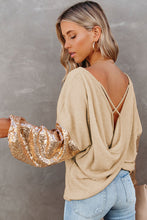 Apricot Sequin Patchwork Sleeve Open Back Waffle Knit Top