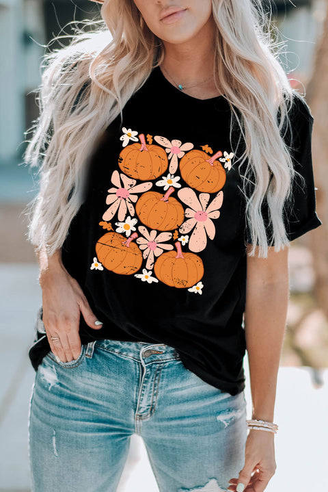 Black Pumpkin Flower Square Graphic Tee