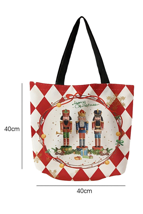 Fiery Red Checkered Merry Christmas Nutcracker Printed Canvas Shoulder Bag