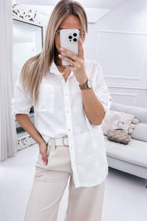 White Broidered Anglaise Crinkle Loose Shirt