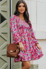 Smocked V Neck Puffy Sleeve Floral Dress