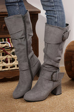 Dark Grey Suede Double Buckled Side Zipped Mid-calf Boots