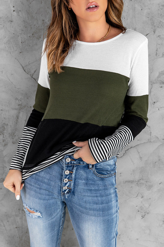 Green Stylish Colorblock Splicing Stripes Top