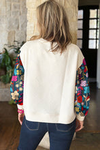 White Floral Patchwork Sleeve Textured Plus Size Pullover Top