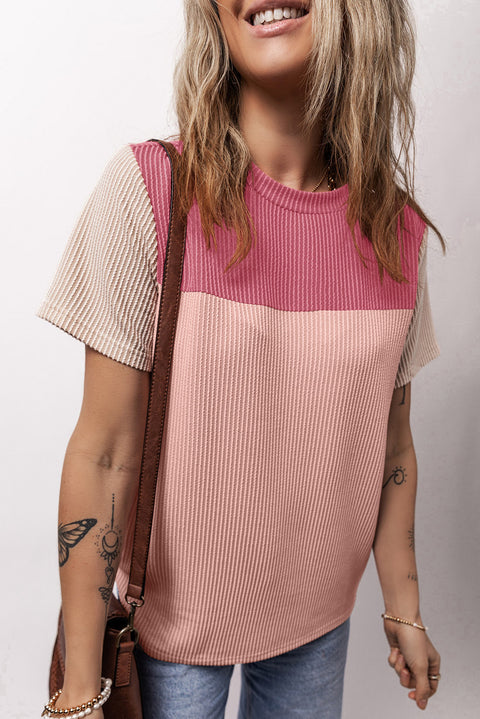 Pink Rib Textured Colorblock T Shirt