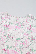 Pink Floral Print Shirred Balloon Sleeve Keyhole Back Babydoll Blouse