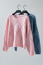 Light Pink Hollowed Rhombus Pattern Sequin Detail Round Neck Sweater