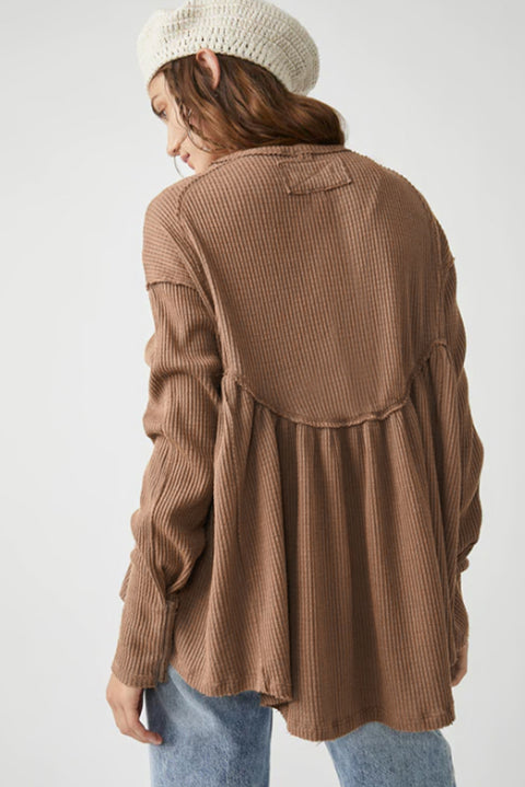 Brown Solid Color Ribbed Long Sleeve Peplum Blouse