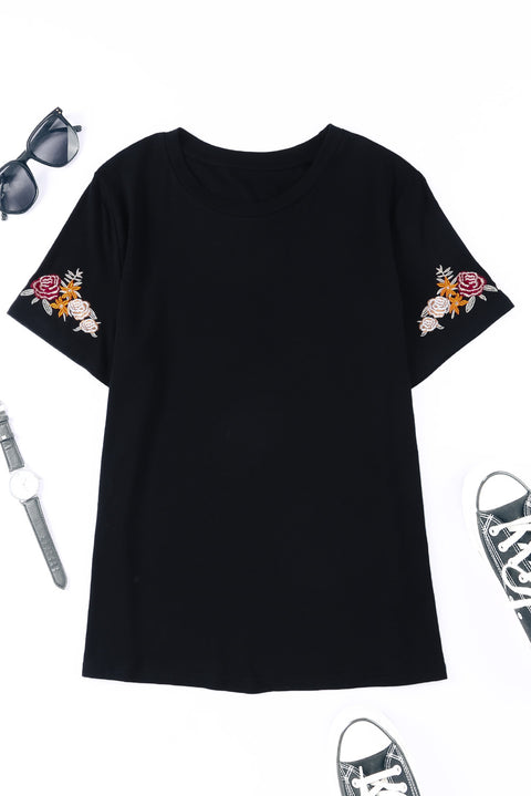 Camiseta de manga corta con cuello redondo y bordado floral 