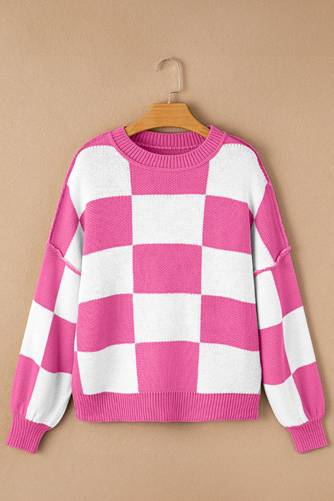 Rose Stripe Checkered Bishop Sleeve Sweater