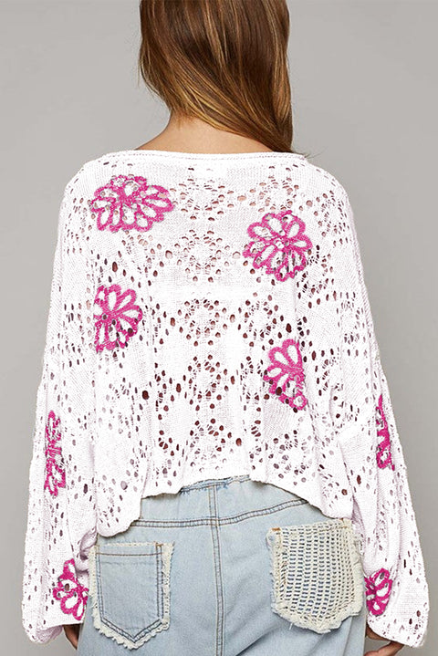 White Contrast Flower Print Eyelet Drop Shoulder Sweater