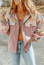 Light Pink Aztec Patch Drawstring Hooded Zip Up Jacket