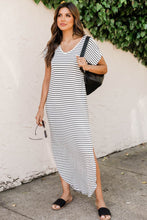 Striped Print Side Split Short Sleeve V Neck Maxi Dress