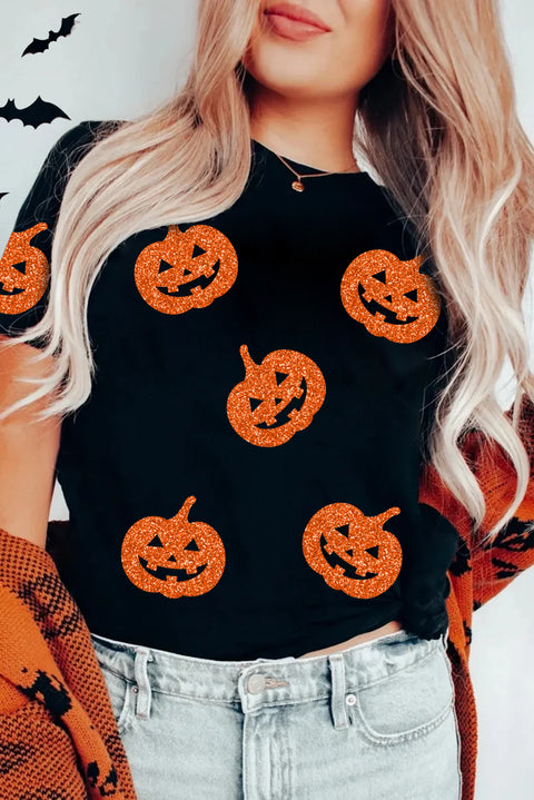 Black Glittering Pumpkin Face Graphic Crewneck Halloween T Shirt