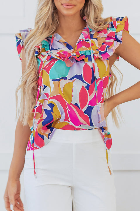 Pink Abstract Printed Ruffled Flutter Sleeve Tied Split V Neck Blouse