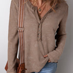 Coffee Acid Wash Waffle Knit Buttoned Neckline Long Sleeve Top