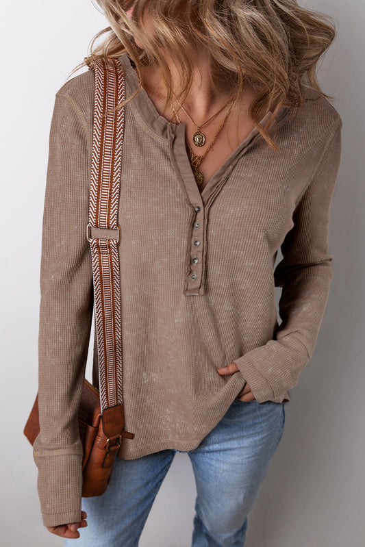 Coffee Acid Wash Waffle Knit Buttoned Neckline Long Sleeve Top