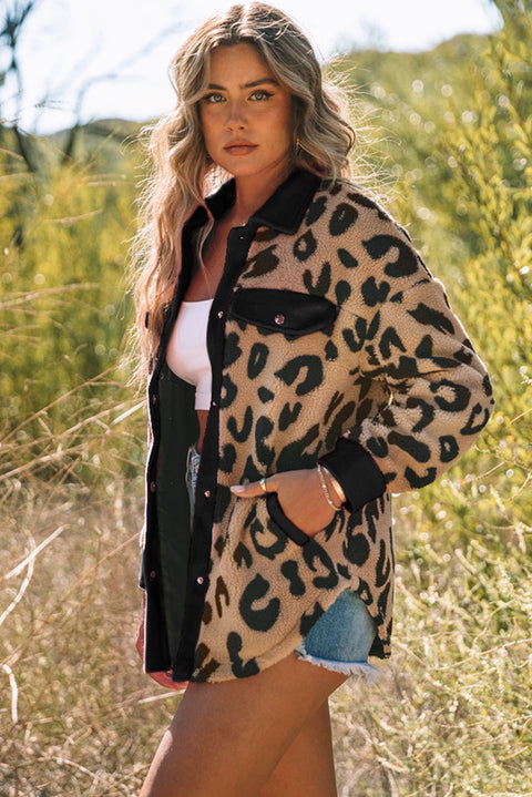 Contrast Trimmed Leopard Teddy Shacket