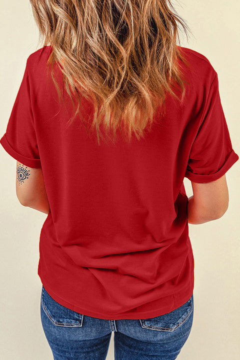 Camiseta navideña con cuello redondo y gráfico de Papá Noel rojo