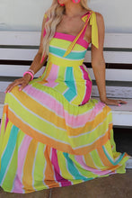 Multicolor Color Block Striped Bow Knot Straps Maxi Dress