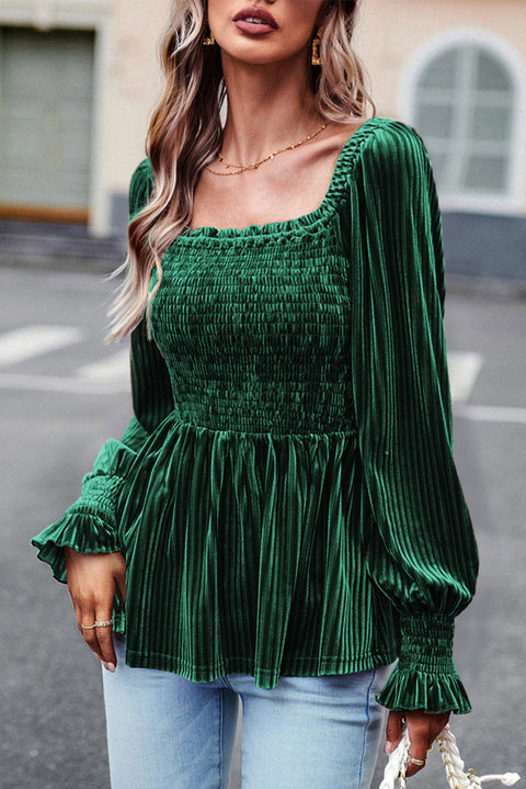 Blackish Green Smocked Ribbed Velvet Babydoll Top