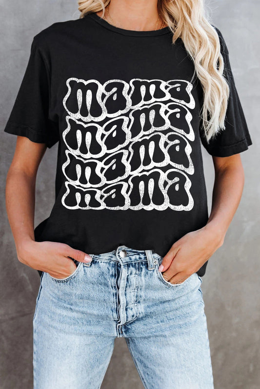 Black mama Letter Print Round Neck Casual T Shirt