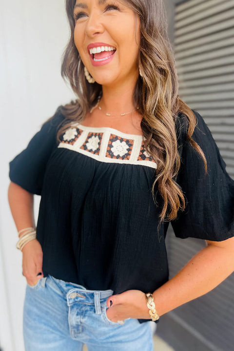 Black Flower Crochet Square Neck Textured Short Sleeve Blouse