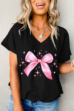 Black Bowknot Starry Print Textured V Neck T Shirt