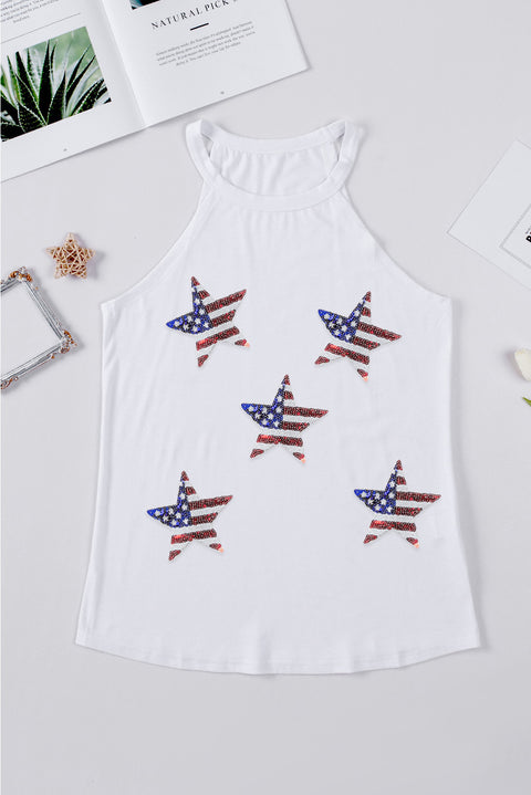 White Sequined American Flag Star Graphic Tank Top