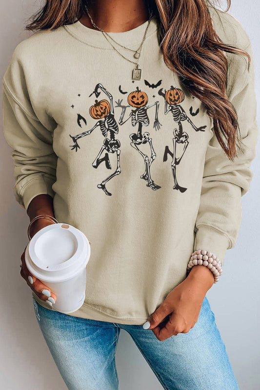 Sudadera lisa con cuello redondo y gráfico de calavera de calabaza caqui