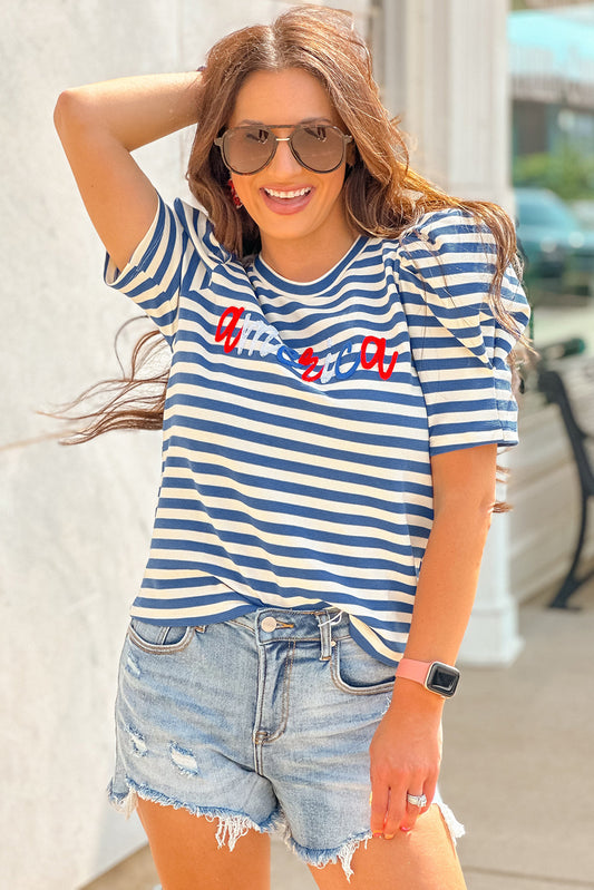 Blue Stripe America Cursive Graphic Puff Sleeve T-shirt