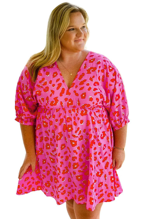 Plus Size 3/4 Sleeves V Neck Leopard Dress