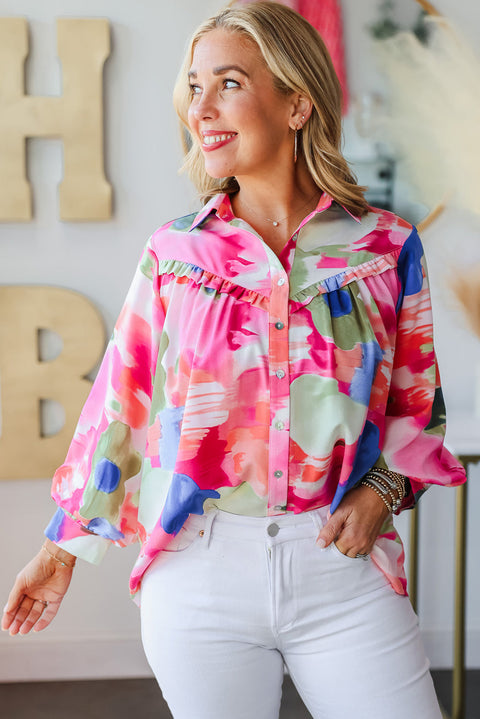 Multicolour Abstract Printed Lantern Sleeve Frilled Button Front Collared Shirt