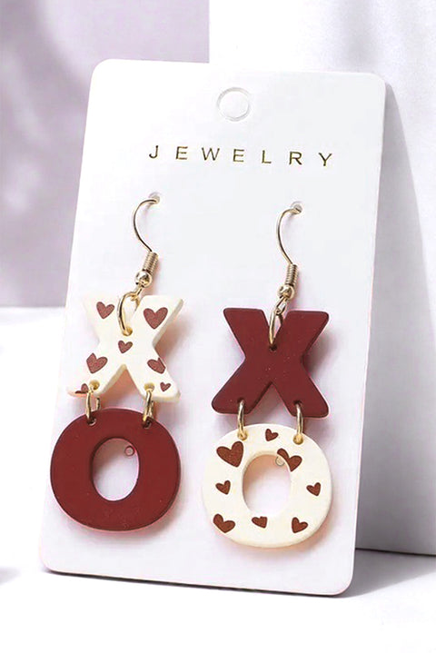 Racing Red Heart Print XOXO Letter Dangle Hook Earrings