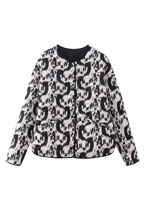 White Abstract Print Side Pockets Buttoned Jacket