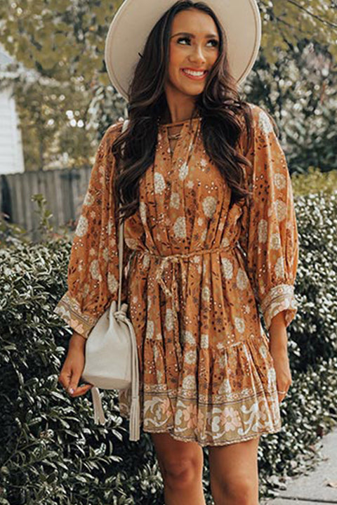 Camel 3/4 Sleeve Tie Waist Pleated Short Boho Floral Dress