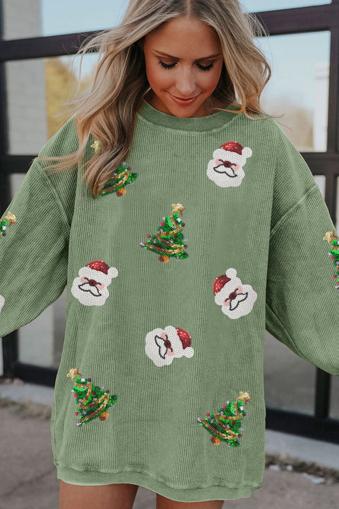 Grass Green Sequin Santa Clause Christmas Tree Patchwork Corded Sweatshirt