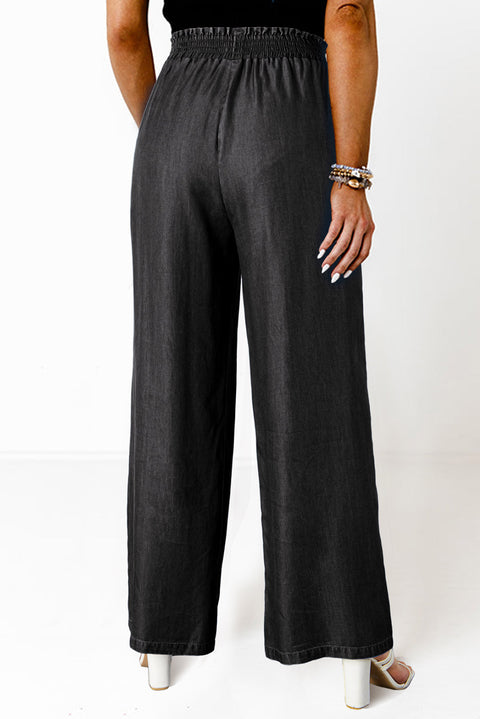 Black Side Pockets Frilled Smocked High Waist Wide Leg Jeans