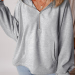 Light Grey Fleece Lined Half Zipper Kangaroo Pockets Loose Hoodie