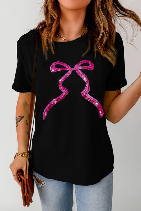 Black Sequin Bow Ribbon Graphic T Shirt