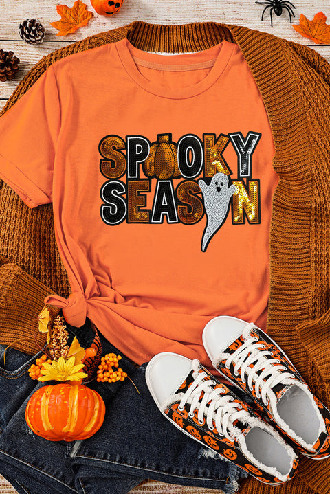 Orange Sequin SPOOKY SEASON Ghost Pattern Halloween T Shirt