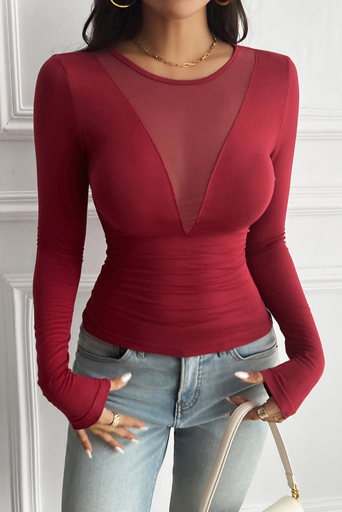 Racing Red Solid Color Mesh Patchwork Long Sleeve Slim Top