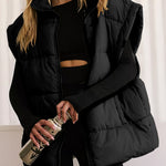 Black Solid Zipper Stand Neck Oversized Puffer Vest