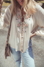 Beige Floral Embroidered Textured Puff Sleeve Loose Shirt