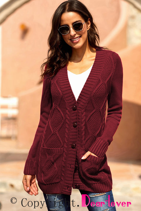 Burgundy Front Pocket and Buttons Closure Cardigan