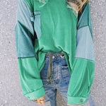 Green Colorblock Stitching Patchwork Buttoned Long Sleeve Top