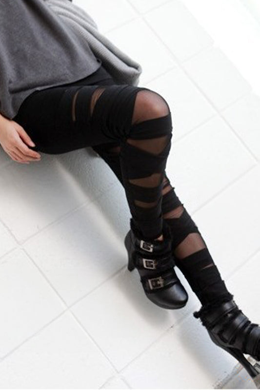 Black Criss Cross Mesh Insert High Waist Skinny Leggings