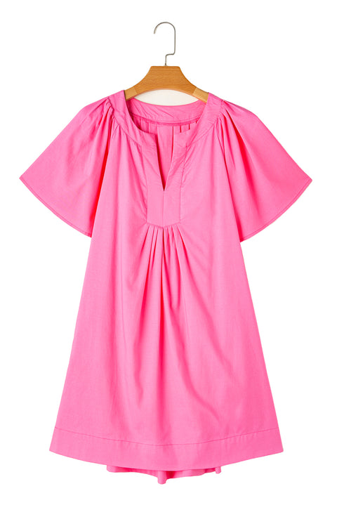 Bonbon Split V Neck Short Flutter Sleeve Pleated Shift Dress